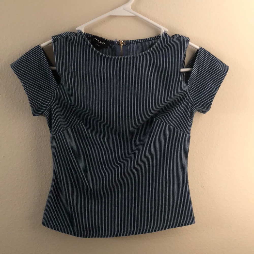 blue and white striped cut out shoulder BEBE shirt